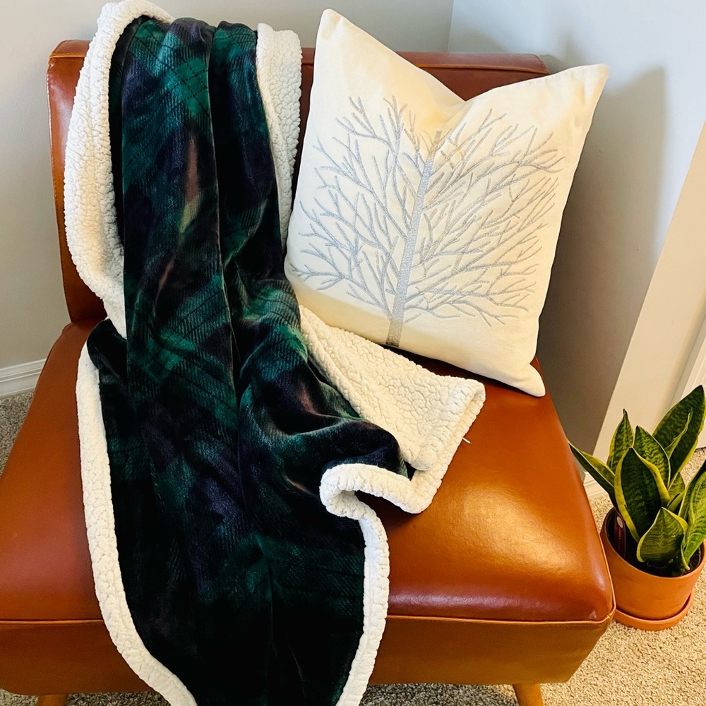 Eddie Bauer Green Reversible Velvet Green Plaid Luxury Comforter Blanket Twin